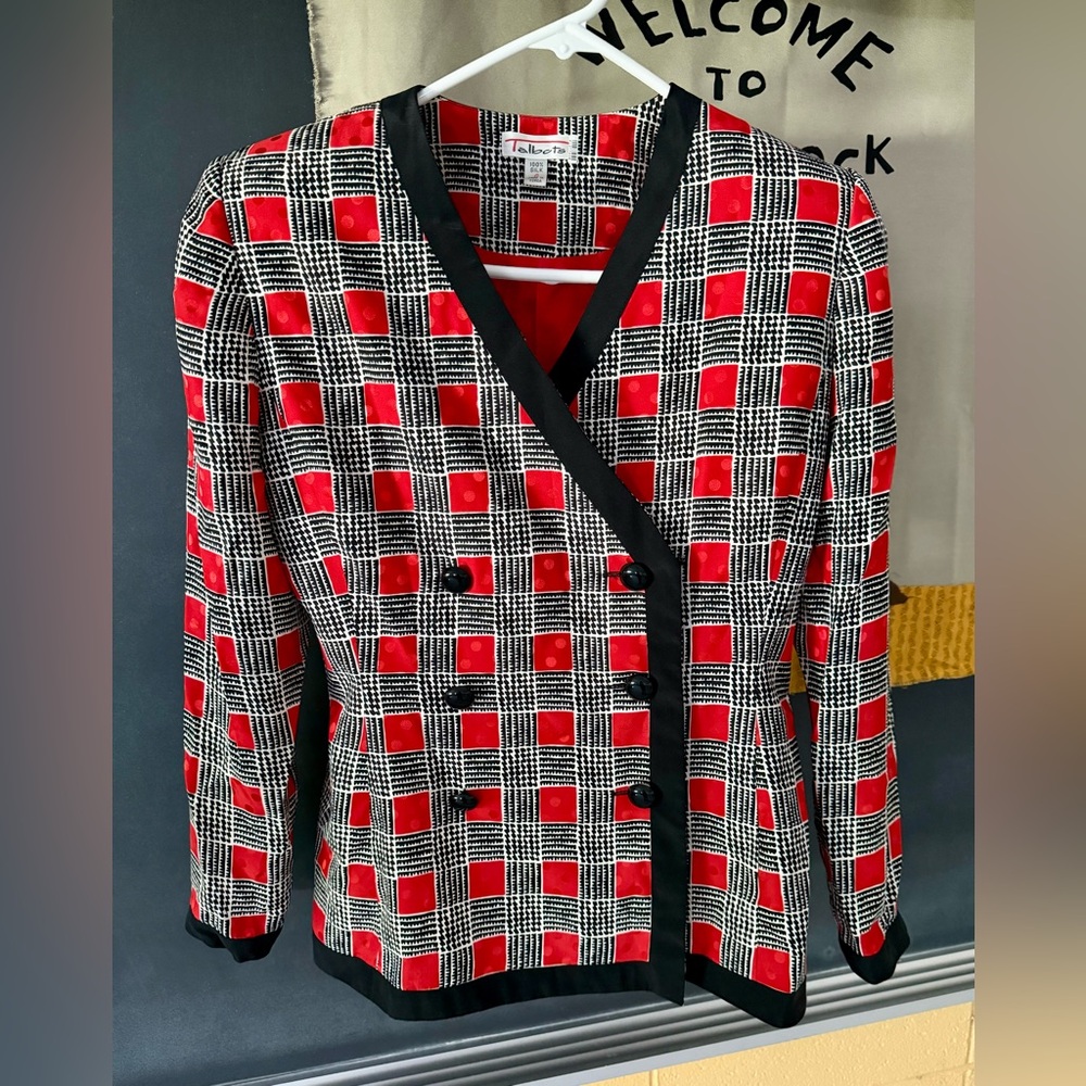 Women’s Talbots 100% Silk Vintage Retro Blouse Jacket Size 4 Small Black Red Dot